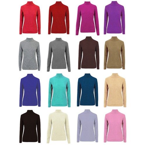 NEW LADIES PLAIN RIBBED COTTON POLO TURTLE ROLL NECK TOP JUMPER S/M-M/L