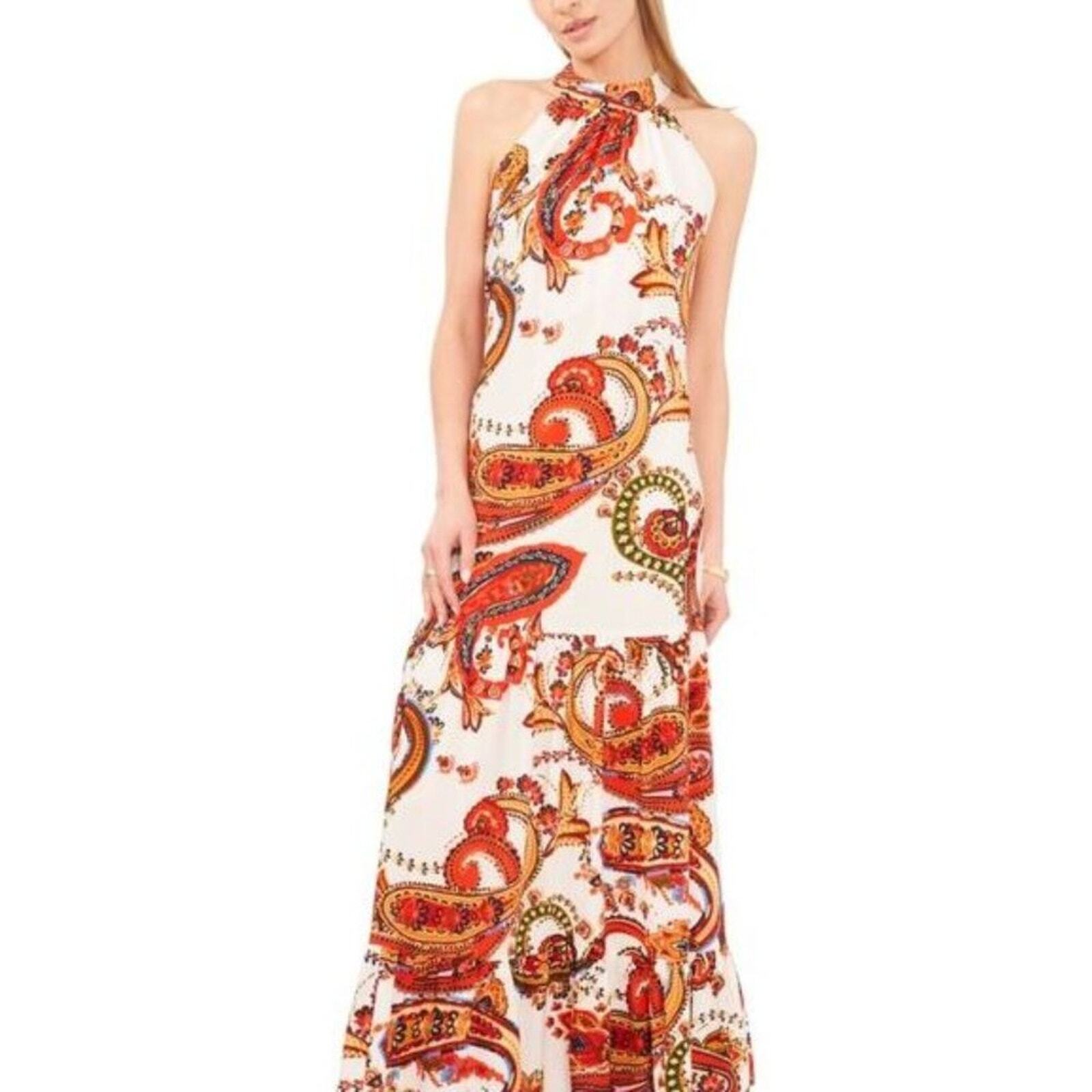 Vince Camuto Women's Halter Neck Paisley Print Maxi Dress Ivory NWT