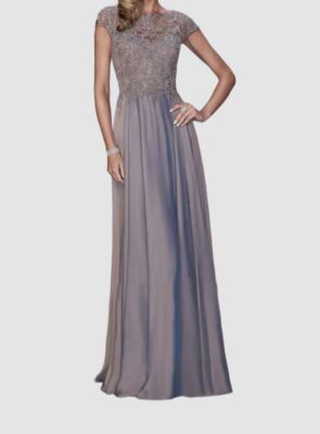 $515 La Femme Women's Beige Embroidered Lace Chiffon A-Line Gown Size 10 