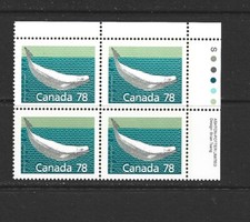 CANADA - 1990 BELUGA WHALE UPPER RIGHT PLATE BLOCK - SCOTT 1179 - MNH