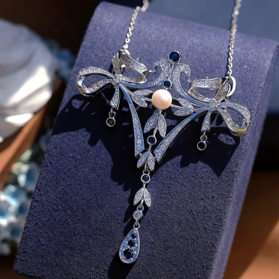 Collar Colgante Broche Bonito Período Estilo Encaje Engastado Cz Azul Rodio SC21 - Imagen 2 de 4