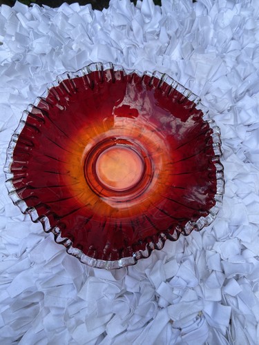 Crimped Fenton Red Amberina Silver Crest Ribbed Low Bowl J. Wilfred Co. Rare - Picture 11 of 12