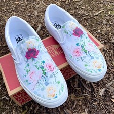 Whimsical Roses on White Slip On Vans for Women and Men for Wedding