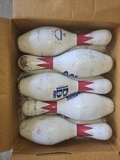 Bowling Pins 1 Case of 10, heavily used Brunswick, White with Red Neck Ring