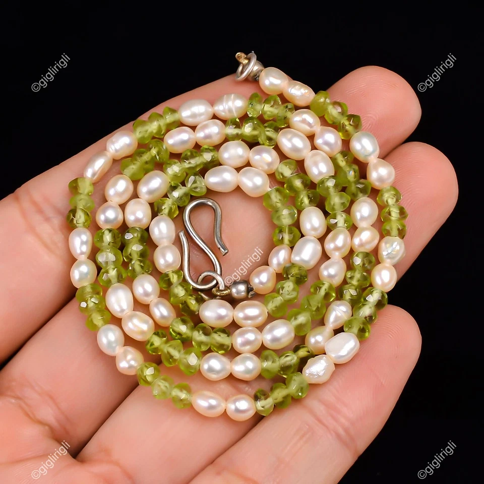 Sphere Pearl Stone Peridot Beaded Unique Good Friday Special Necklace 925 Silver - Image 3 of 4