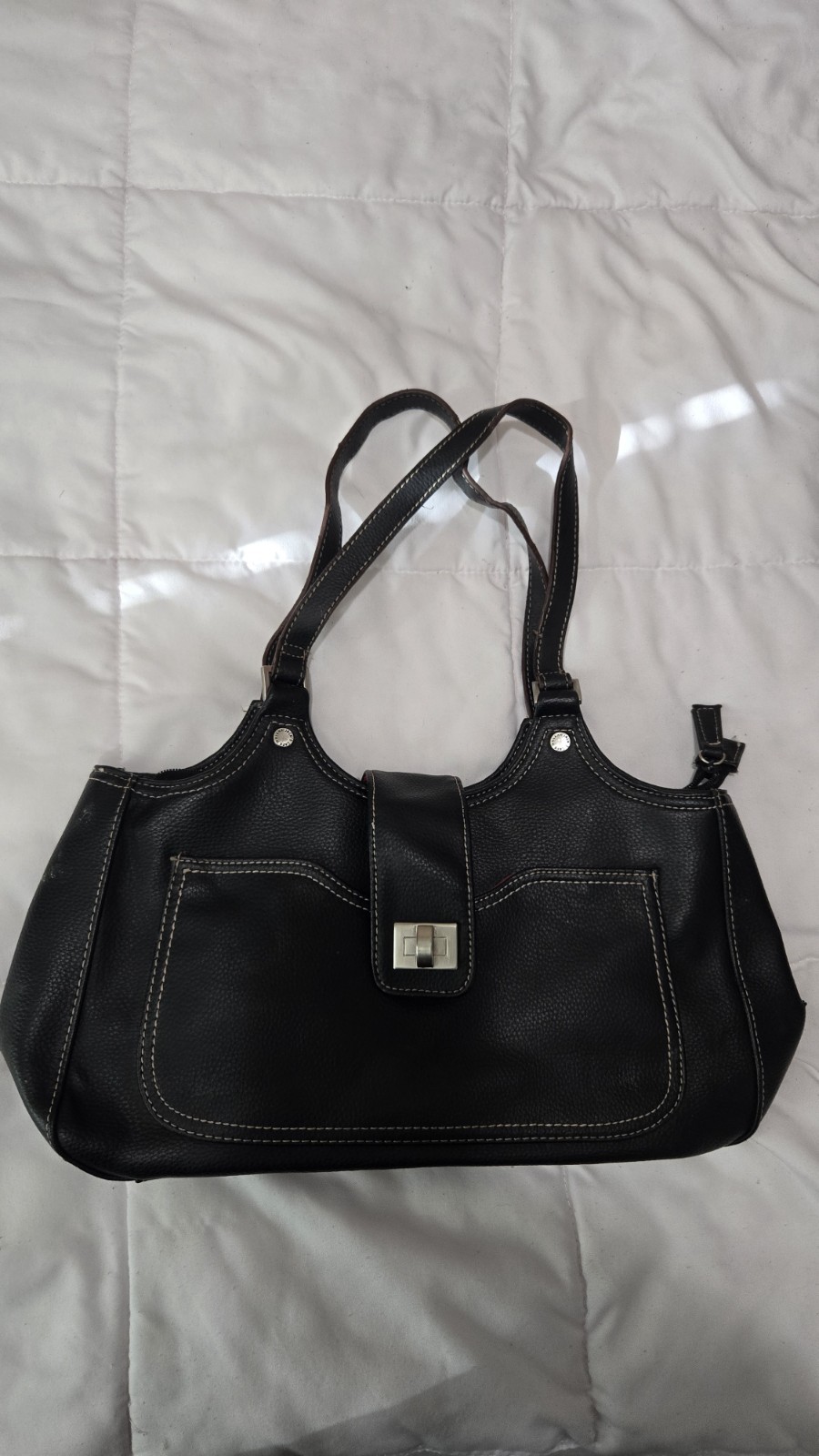 Tignanello Black Shoulder Bag Magnetic Closure Pink Lining Silver Hardware