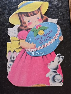 Vtg Norcross Easter Greeting Card Diecut Angel Girl Decorated Egg Bunnies 40 50s