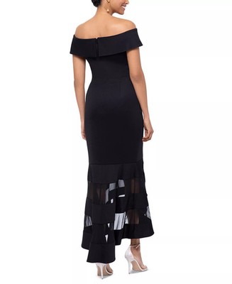 xscape dresses fit and flare Xscape Hi-Low Gown Illusion Mesh Fit & Flare Off Shoulder Black Size 18 NWT  $159