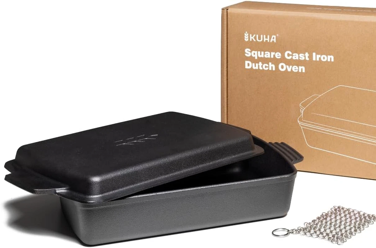Versatile 2-in-1 Square Cast Iron Dutch Oven & Skillet with Scrubber, 6 QT