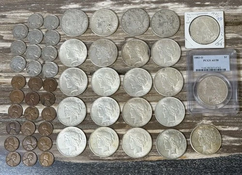 50 pcs Lot of Silver Morgan and Peace Dollars, Buffalo Nickels and Wheat pennies