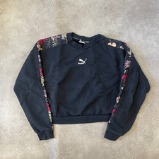 Puma Sweatshirt Womens Large Floral Taped Boxy Jumper, Black