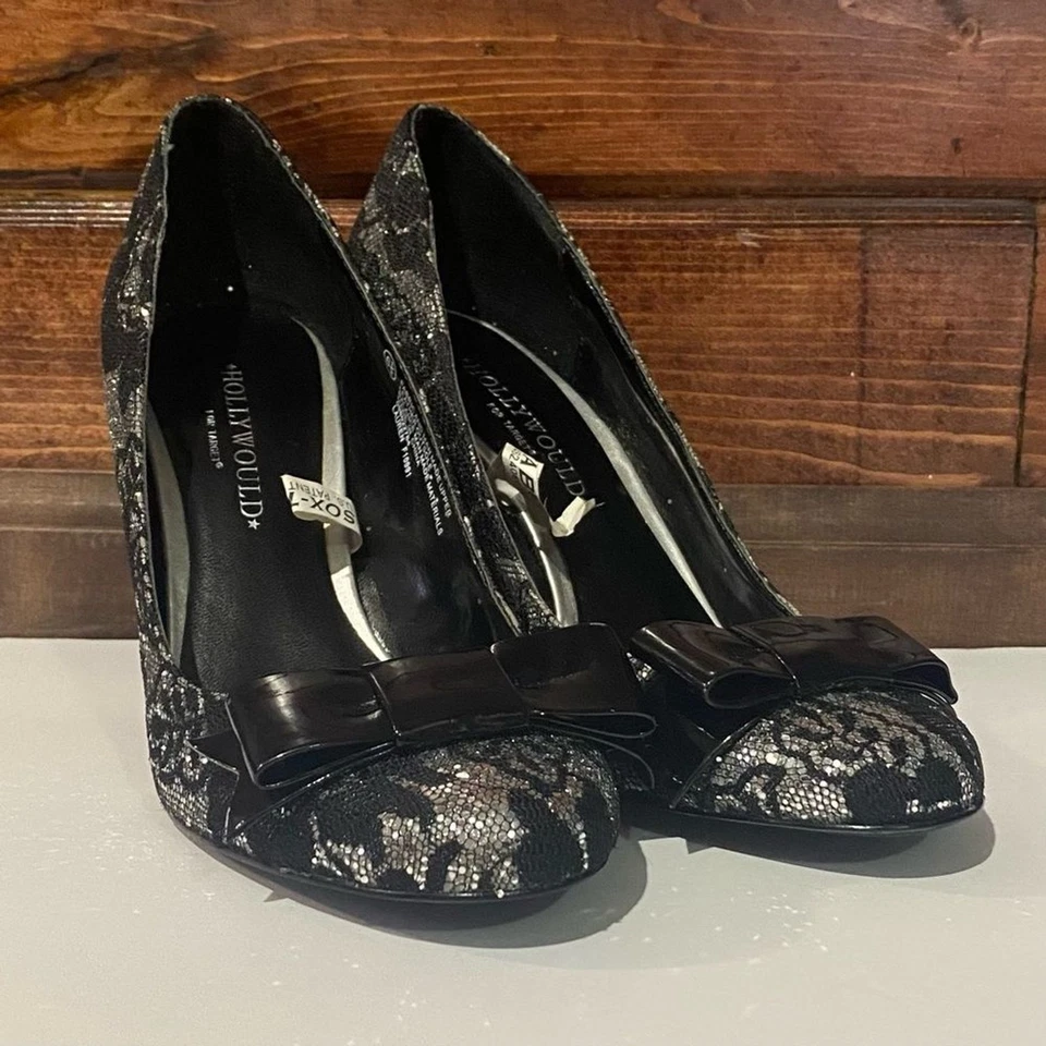 Hollywould para Target Lauren Tacones Negro Plata Encaje 4" Tacón Para Mujer Talla 6.5 Foto 3 de 4