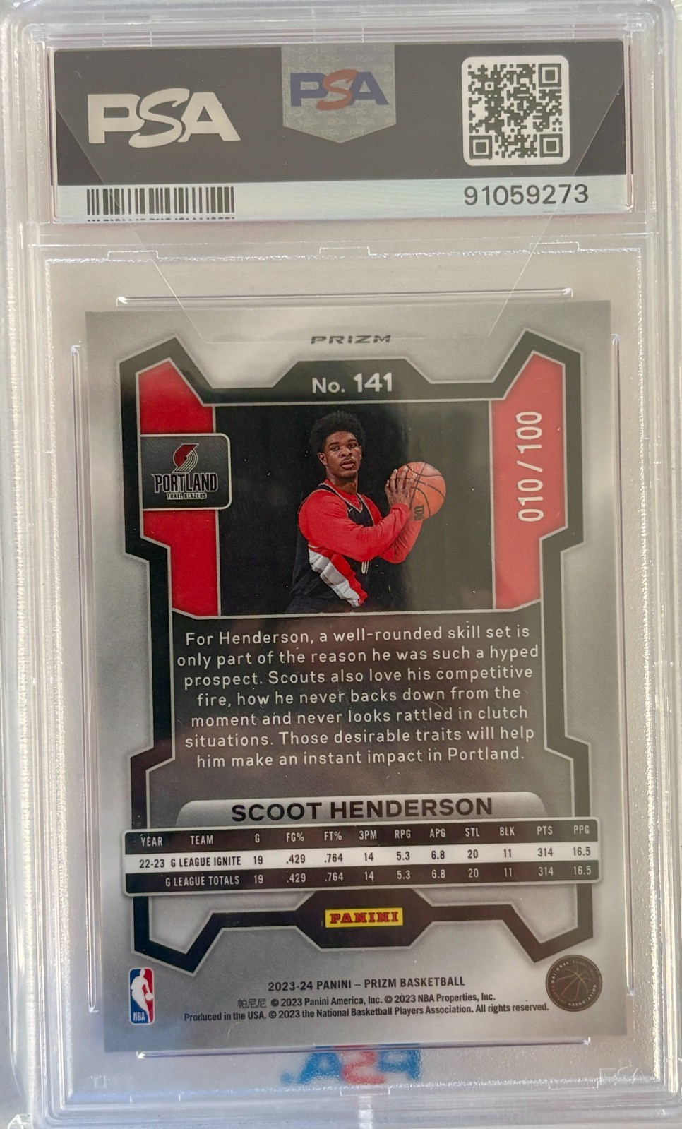 2023 PANINI PRIZM RED FAST BREAK #141 SCOOT HENDERSON 10/100 PSA 10 view 2