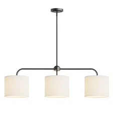 ;40" W 3-Light White Linen Drum Shade Chandelier with Black Metal Linear Pend...