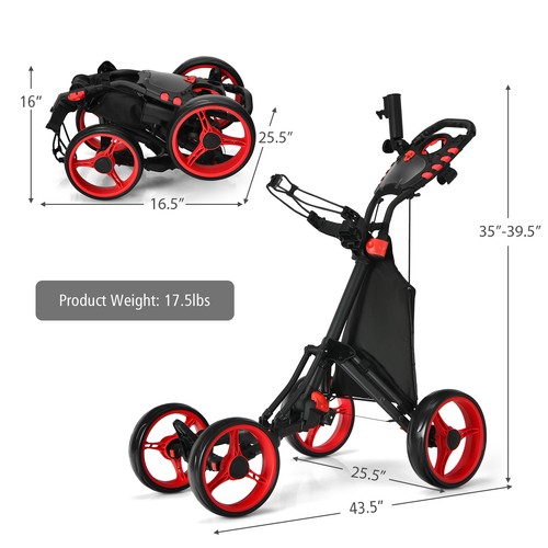 Costway Folding 4 Wheels Golf Push Cart W/Bag Scoreboard Adjustable Handle Red - Picture 10 of 12