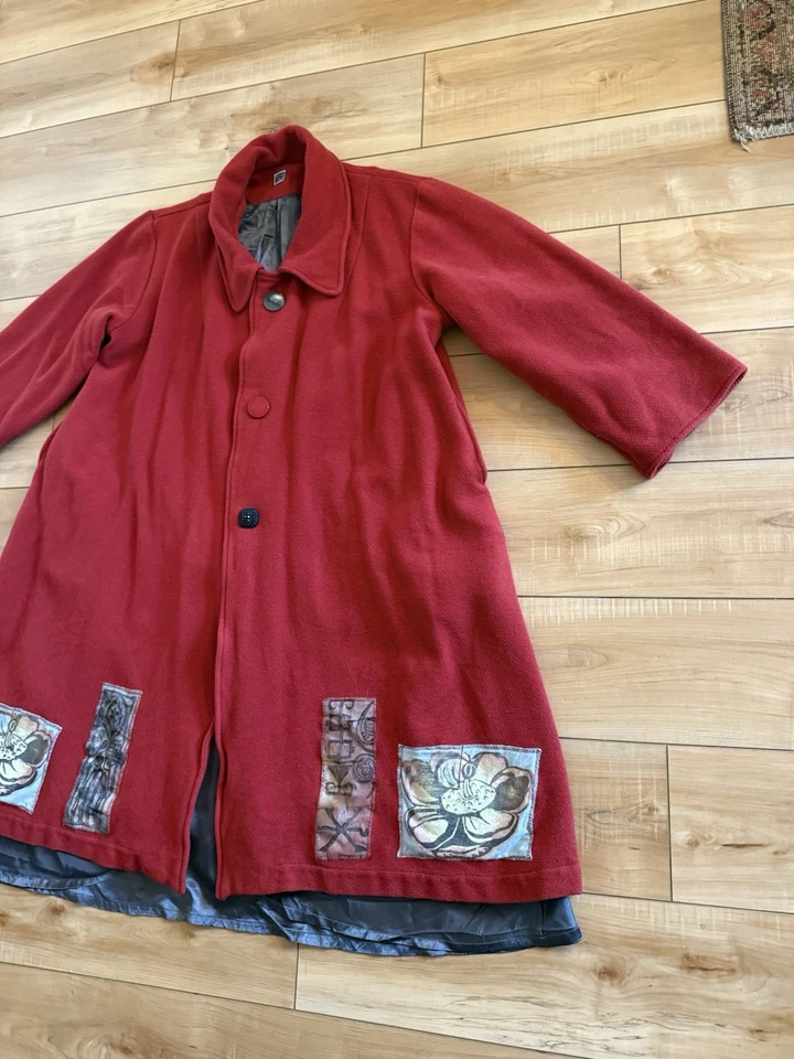 Abrigo de invierno pesado de lana azul pescado Jennifer Barclay rojo pintado a mano para mujer 1 Foto 3 de 4