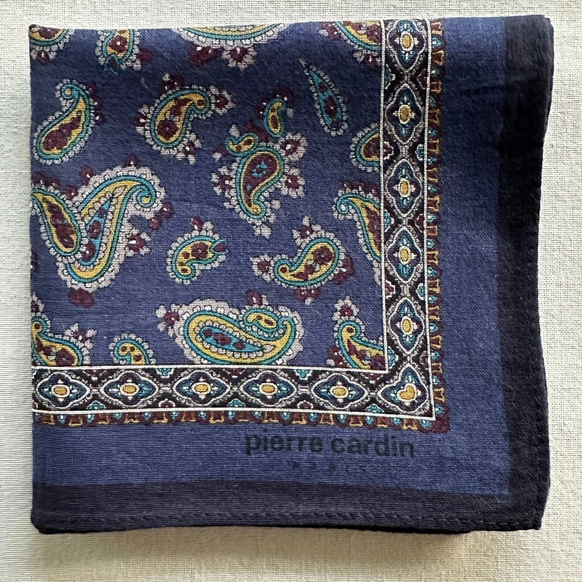Vintage Mens Handkerchief Blue Cotton Paisley Green Classic Pocket Square 18"