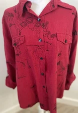 Chico’s Sz. L -2 Silk Slub Red Button-Up Roll Tab Sleeve Stick Animal Print Fun!