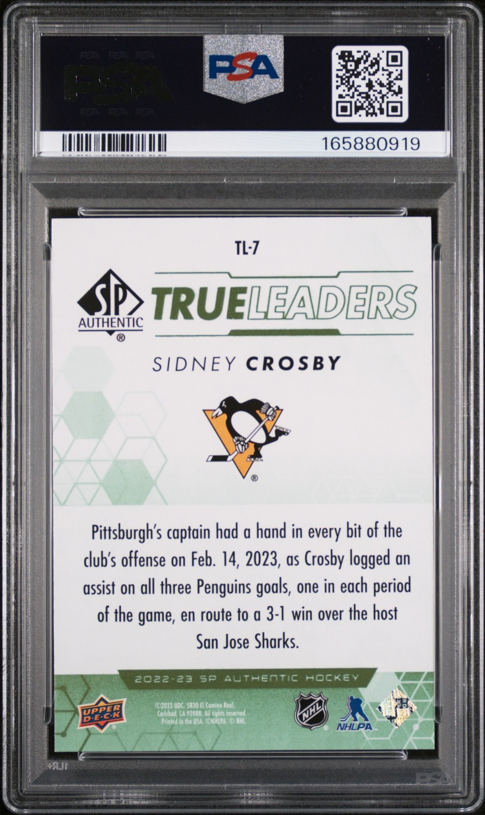 2022 SP AUTHENTIC TRUE LEADERS GREEN #TL7 SIDNEY CROSBY PSA 10 view 2