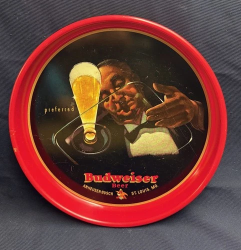 Vintage Budweiser 60s Bud King of Beer Home Decor Display Sign Metal Red Tray