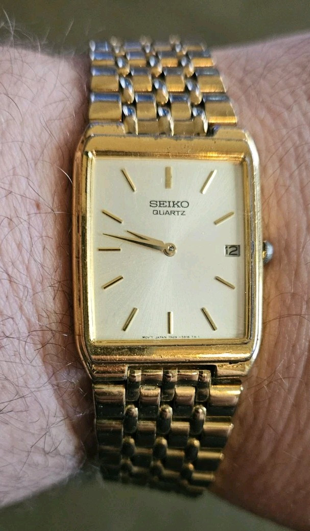 Vintage Seiko Mens 7N29-5B29 Gold Tone Quartz Tank Watch TESTED