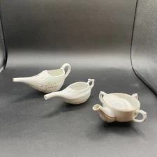 3 Antique Porcelain Invalid Feeders White Boat Round Floral Gold Trim Feeder