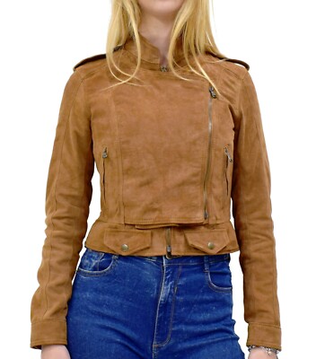 Giacca da Donna Chiodo Vera Pelle Camoscio Renna Marrone Cammello