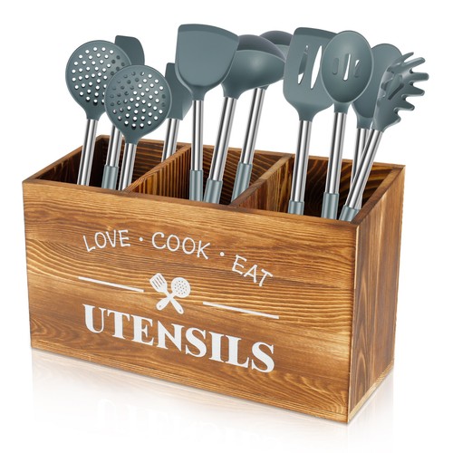 Wooden Utensil Holder Large Kitchen Utensil Caddy Organizer with 3 NX - Picture 17 of 22