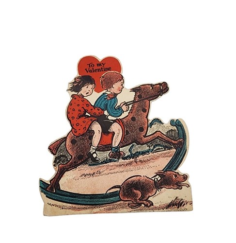 Vintage Valentinstagskarte Schaukelpferd Rennhund Valentinstag Ephemera Diecut