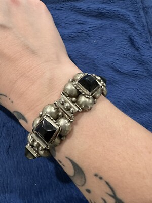 アクセサリー Old Mexico silver onyx toggle bracelet Vintage Sterling Silver 925 Mexico Black Onyx Silver Panel 8