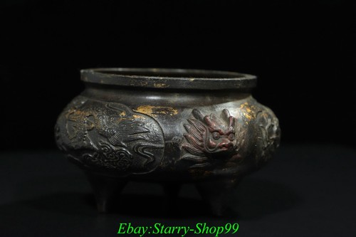 7"Xuande Marked Chinese Bronze Gilt Dragon Beast Lion Head Incense Burner Censer - Picture 3 of 9