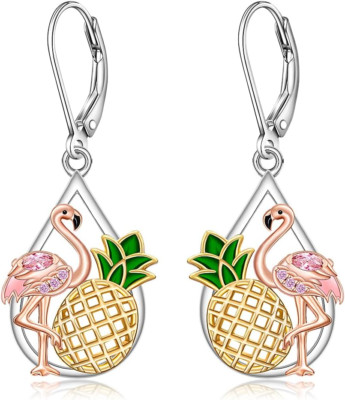 Pink Flamingo Pineapple Earrings for Women Wife 925 Sterling Silver Jewelry Gift