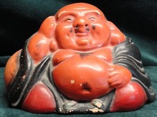 Antique 1920s Japanese Seated Smiling Buddha Figurine with Inventory Stamp Label