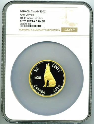 2020 GILT 50C CANADA 2OZ SILVER NGC PF70 UCAM HOWLING WOLF ALEX COLVILLE- POP =9