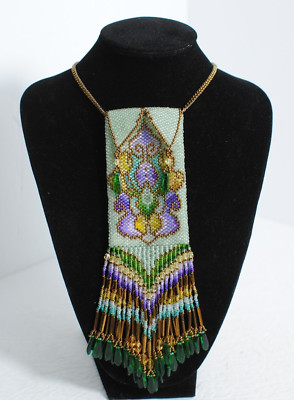 Handmade Seed Beaded Artist Design Pouch Necklace Fringe 18 in Gold Beaded Chain