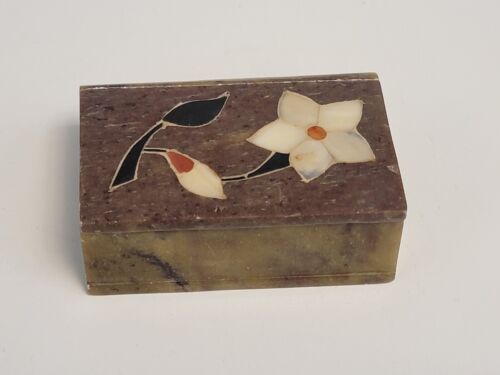 Vintage Soapstone Trinket Box Mother of Pearl Floral Inlay Lid India Book Shape - Picture 1 of 10