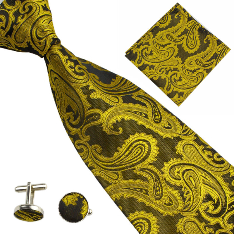 Mens Tie Set Wedding Business Black Paisley Cufflinks Pocket Square