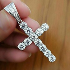 3 Ct Round Cut White Moissanite Cross Women's Pendant 14k White Gold Plated