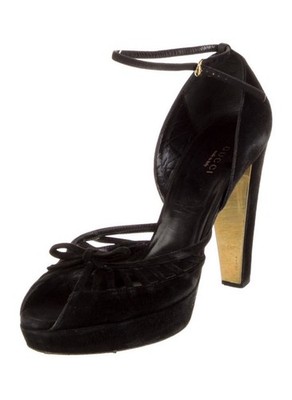 Gucci Black Suede Platform d Orsay Heels Gold Metal Heel Ankle Strap