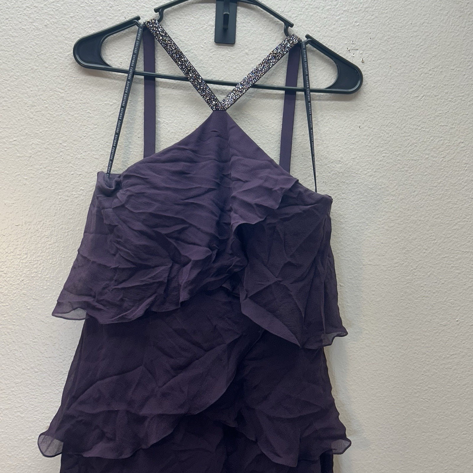 Daymor Couture 3451 Embellished Halter Layered Evening Dress Purple Silk SZ 10