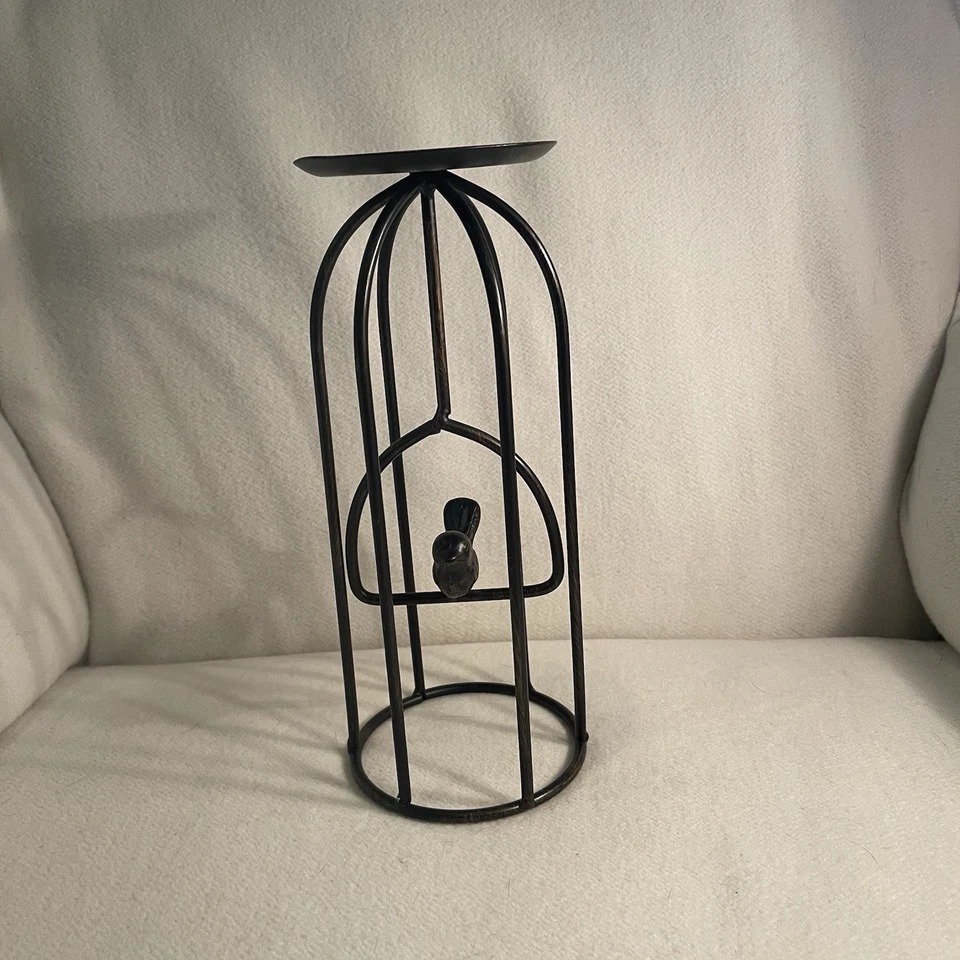 Metal Pillar Candle Holder Bird Cage With Bird Brow/ Bronze Color - Image 2 of 4