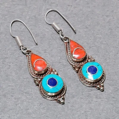 Boucles d'oreilles en lapis-lazuli tibétain turquoise corail fait main... - Photo 1/4