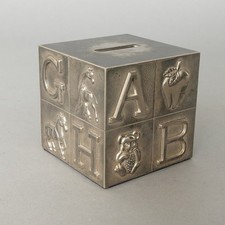 Vintage Children's silver plated Coin Money Piggy Bank emboss METAL Letter Block