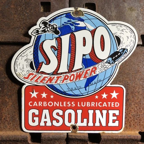 VINTAGE SIPO GASOLINE 8.5” PORCELAIN SIGN OIL SILENT POWER GAS OIL
