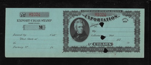 US Revenues: Taxpaid Export Cigar Stamp; Series of 1878; Punched Remainder