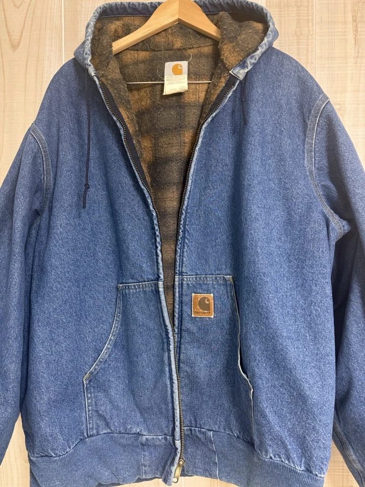 Abrigo con Capucha Carhartt Denim Vintage Años 90 Cremallera XXL Alto J08DST Forro Cálido/A Cuadros Foto 4 de 4
