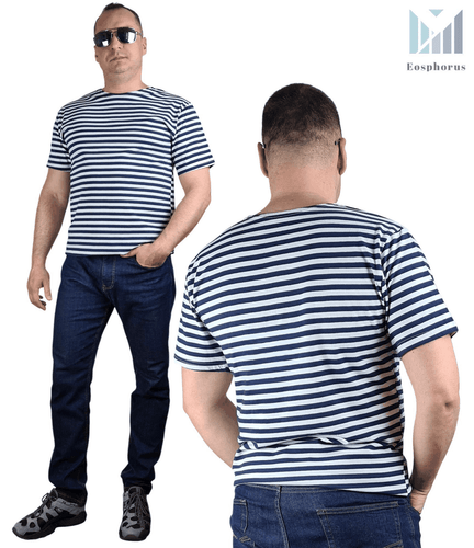 Dunkelblaues Matrosen TShirt gestreift Kurzarm Telnyashka Тельняшка (L) - Bild 2 von 6