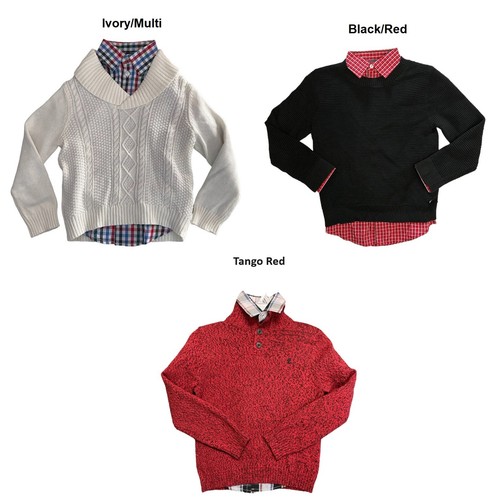 IZOD Boy's 2 Piece Cable Knit Sweater with Multi Color Button Up Shirt Set