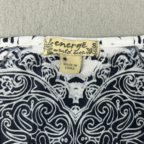Energe Top Womens Small Black Paisley Embroidered V Neck Asymmetrical Blouse NWT - Picture 2 of 10