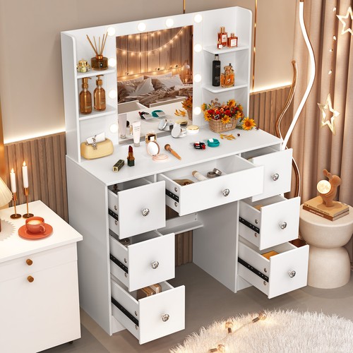 Eitelkeit Schminktisch mit LED-Spiegel Make-up Schreibtisch 7 Schubladen Weiß DE - Bild 14 von 14